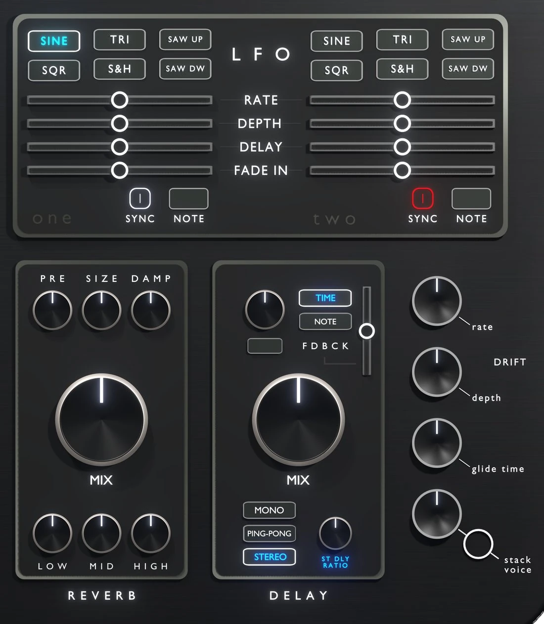 Plenitude LFO, reverb, delay and drift section