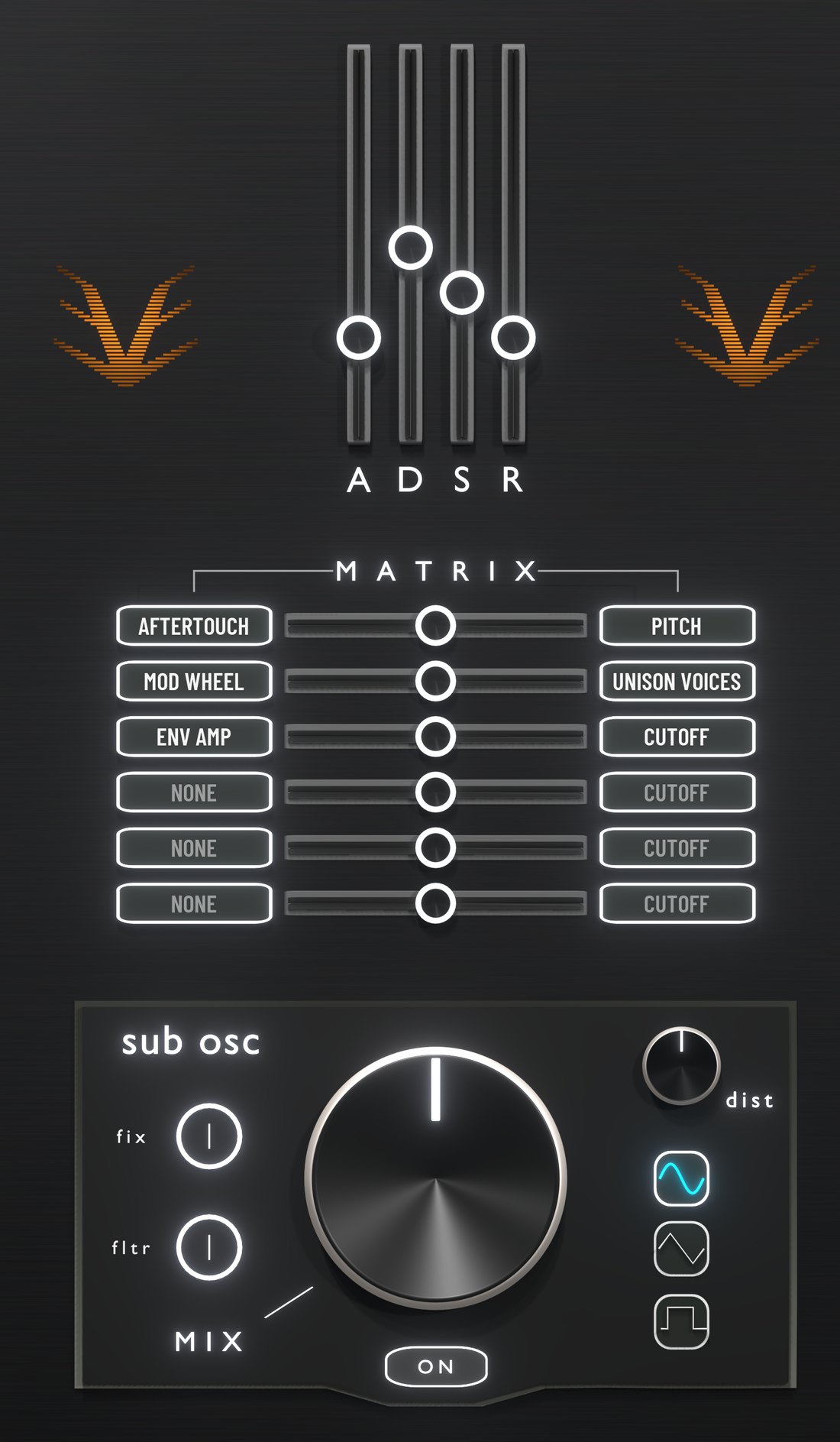 Plenitude ADSR faders, modulation matrix and sub oscillator