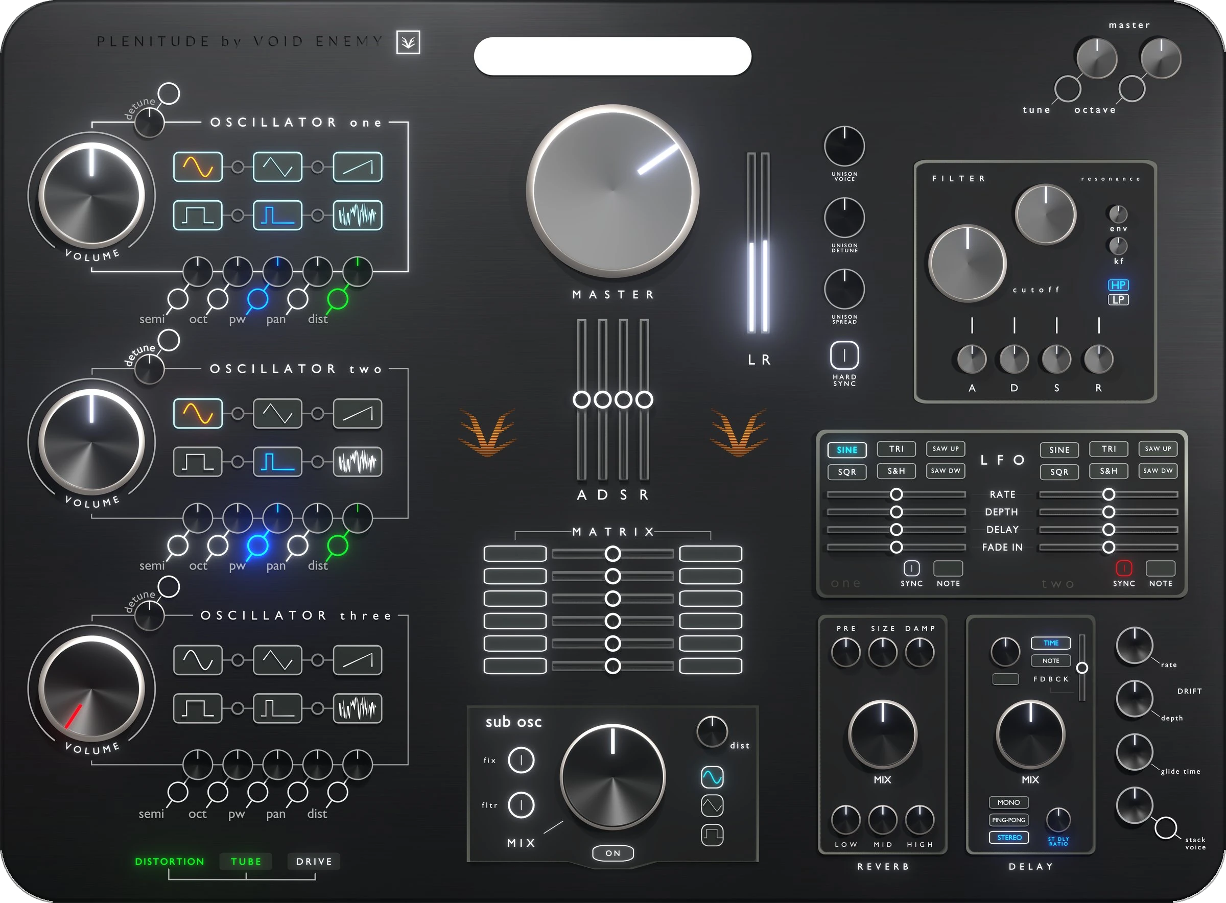 The Plenitude synthesizer panel: three oscillators, master, matrix, sub oscillator, filter, LFOs, reverb and delay